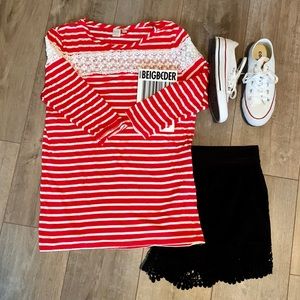 Red and white striped shirt with cute lace